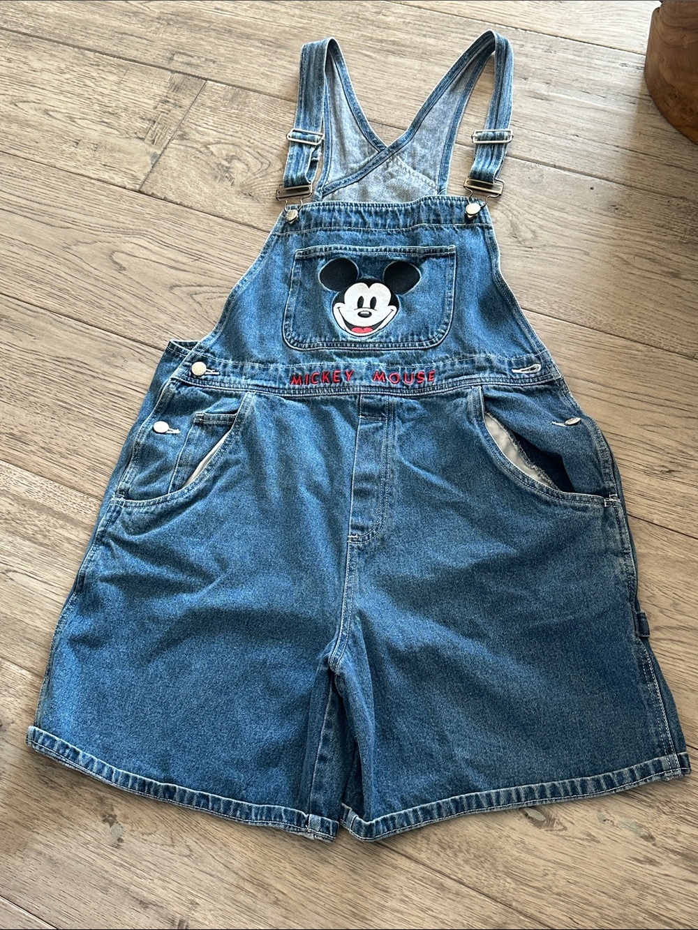 Vintage Disney Denim Cotton Overalls Shorts with Mickey Patch - Blue Size XL